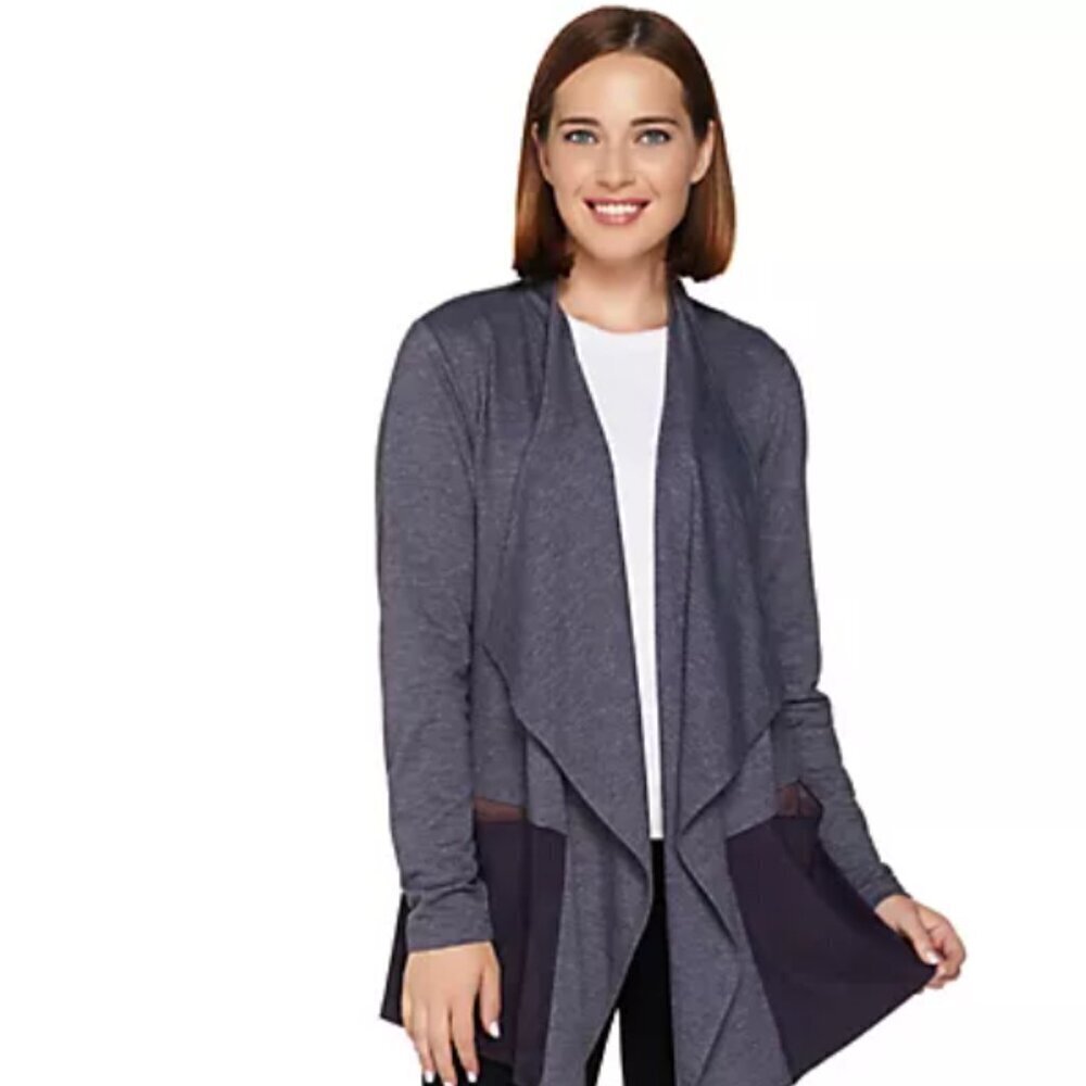 LOGO Lounge Cardigan Heathered Navy Open Front Draped Layering Top Size L